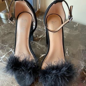 Black fur block heels
